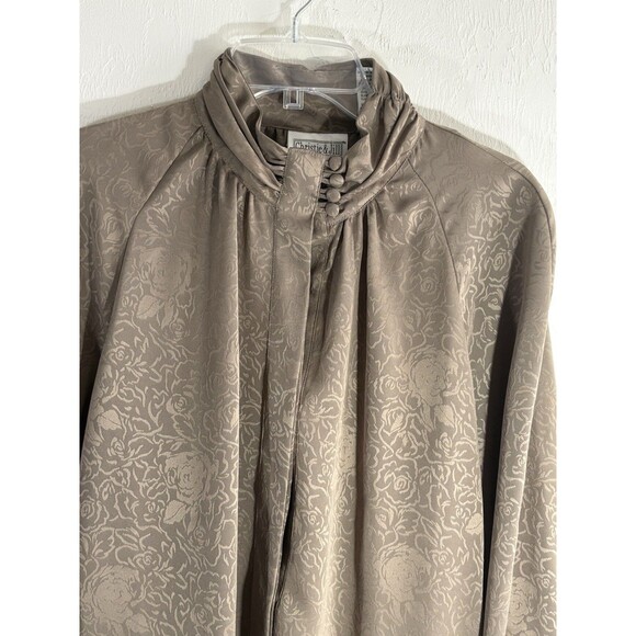 Christie & Jill Women Sz 14 Taupe High Button Neck Asian Inspired Patterned Top - Picture 1 of 7
